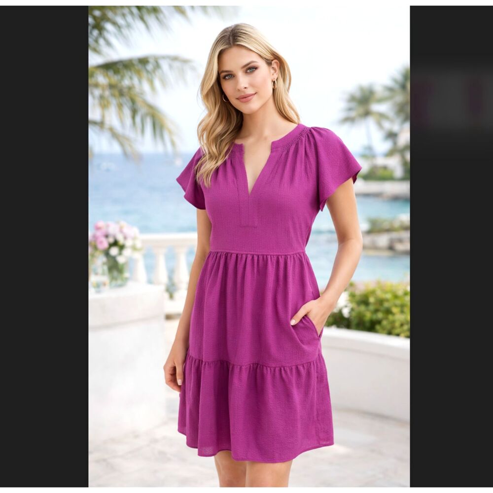 Calvin Klein Gauze Dress 12 Purple Babydoll Flutter Sleeve Tiered Tie Pockets